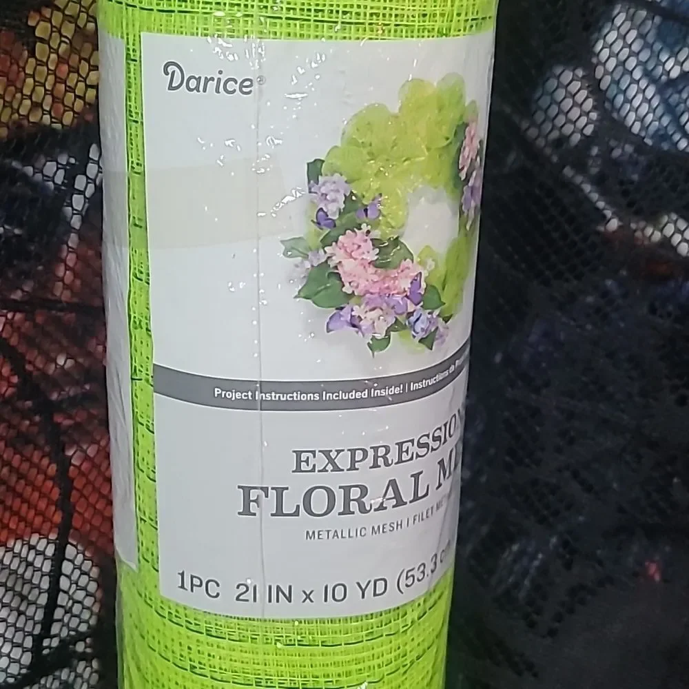 Floral Deco Mesh Roll - Neon Green with Green Metallic Accents
